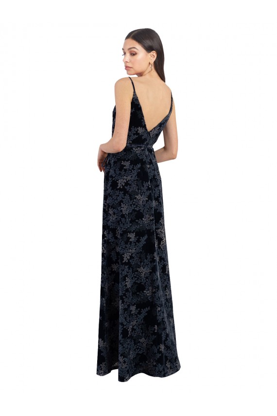 Floral Velvet Surplice V-Neck Long Bridesmaid Dress with V-Back
