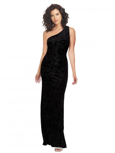 Online One Shoulder Long Sheath Sleeveless Floral Velvet Bridesmaid Dress