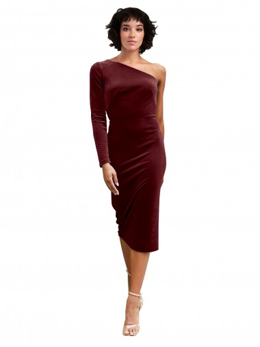 Online One Shoulder Fitted Short Midi Length Velvet Bridesmaid Dress / Prom Dress