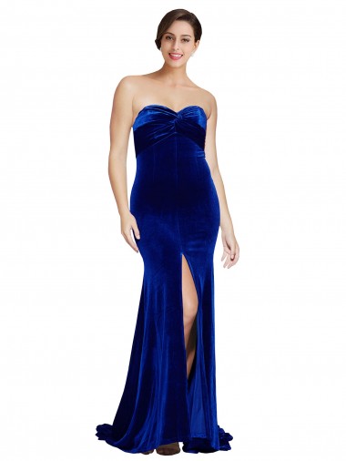 Online Strapless Ruched Formal Velvet Bridesmaid Dress / Prom Dress with Sweep Train and Front Slit
