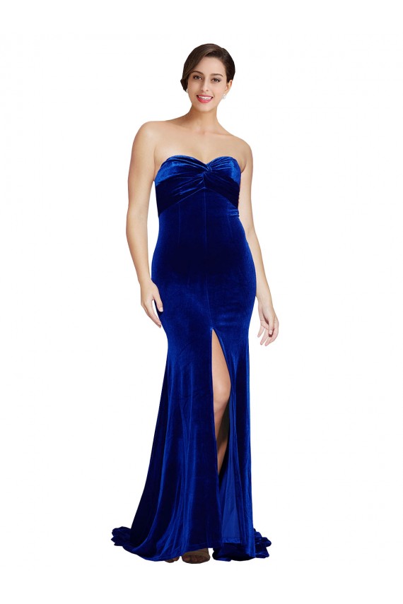 Strapless Ruched Formal Velvet Bridesmaid Dress / Prom Dress with Sweep Train and Front Slit