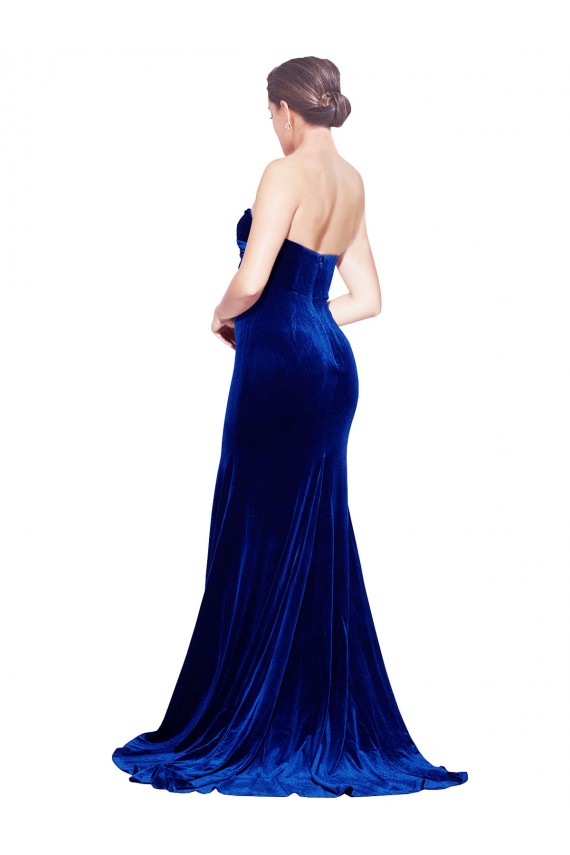 Strapless Ruched Formal Velvet Bridesmaid Dress / Prom Dress with Sweep Train and Front Slit
