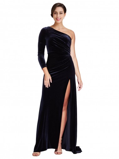 Online One Sleeve Long Formal Velvet Bridesmaid Dress / Prom Dress with Thigh High Split