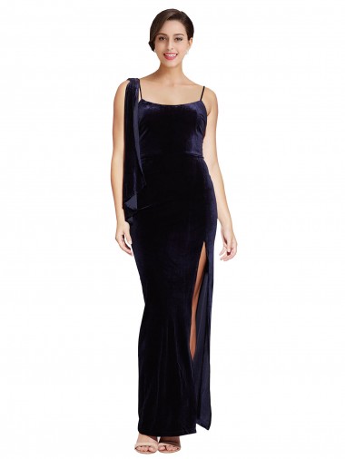Online Long Formal Velvet Bridesmaid Dress / Prom Dress with Side Thigh Split and Shoulder Tie
