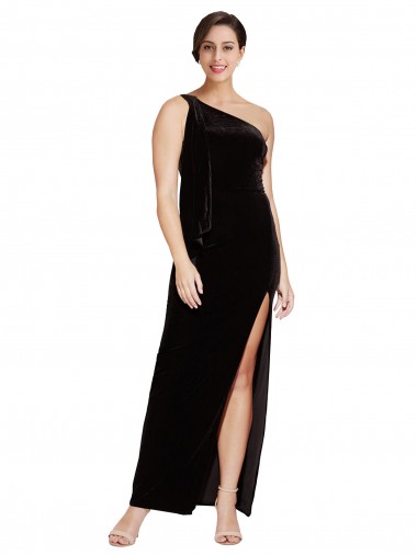 Online One Shoulder Long Formal Velvet Bridesmaid Dress / Prom Dress with Side Split and Shoulder Tie
