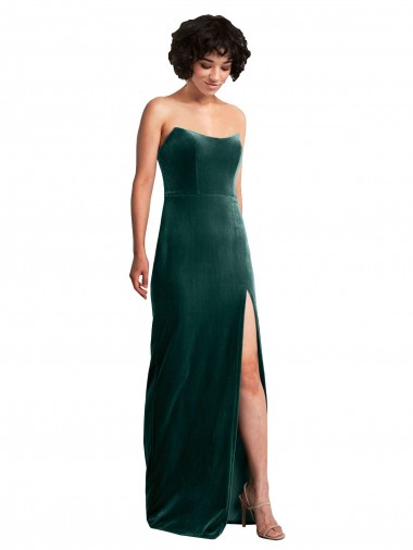 Online Scooped Strapless Long Formal Velvet Bridesmaid Dress / Prom Dress with Daring Side Slit