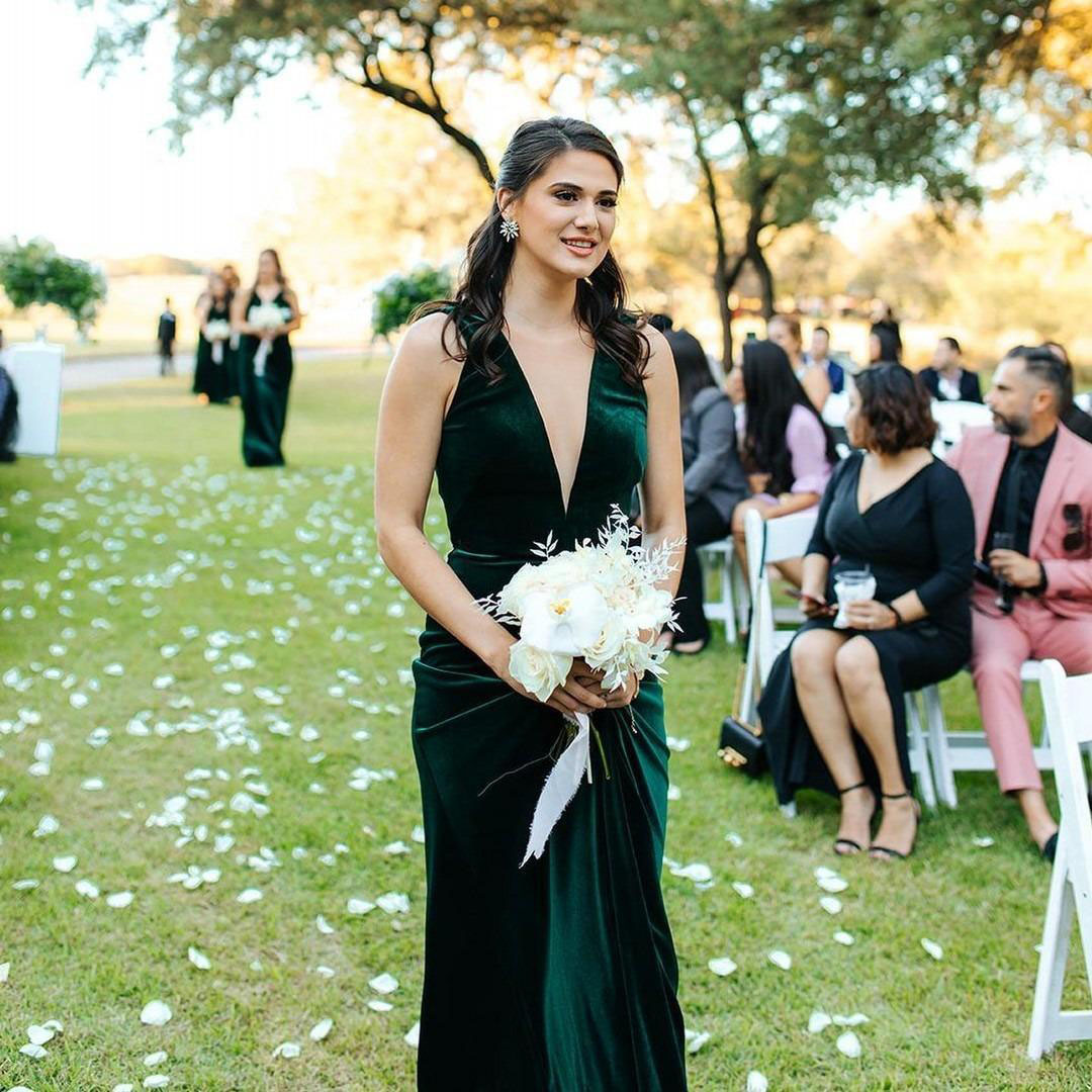 Daring Deep V-Neck Long Full Length Velvet Bridesmaid Dress