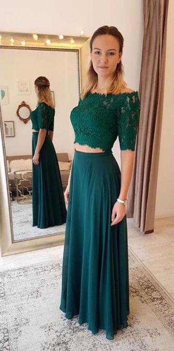 Off the Shoulder Lace Crop Top A-Line Chiffon Bridesmaid Dress