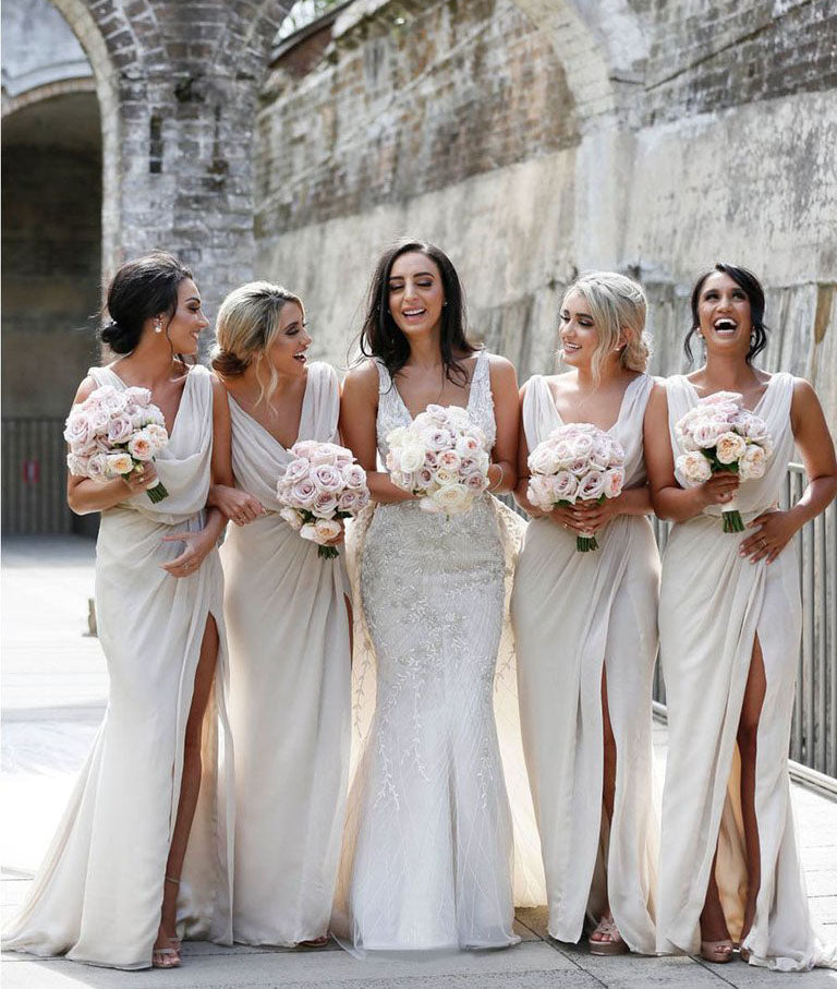 Full Length Luxe Chiffon Long Champagne bridesmaid dresses online with Sexy High Slit and Front Ruffles